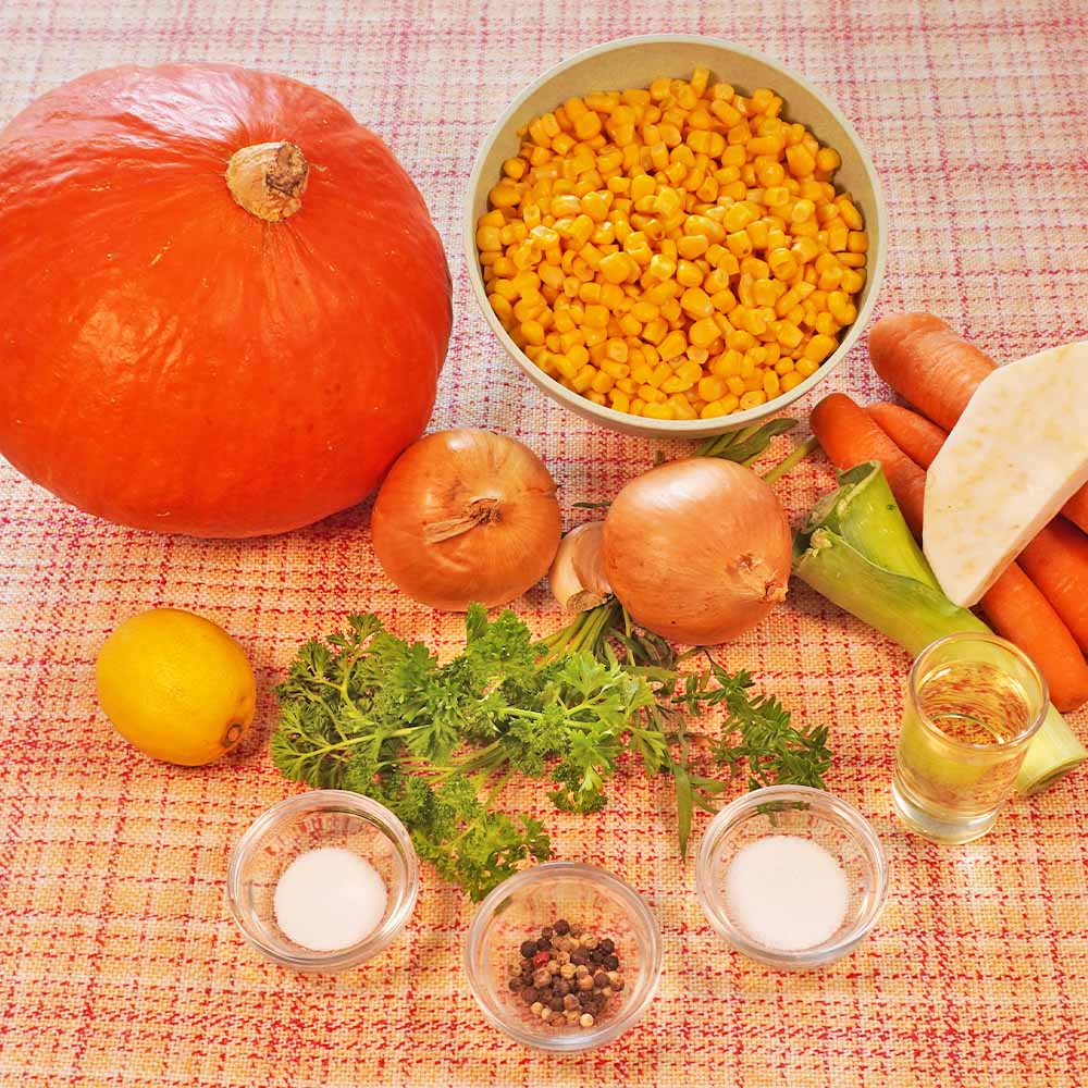 Zutaten Kürbis-Mais Suppe Kürbis-Maissuppe Zutaten