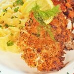 Panierter Kabeljau mit Kartoffelpüree und Ratatouille