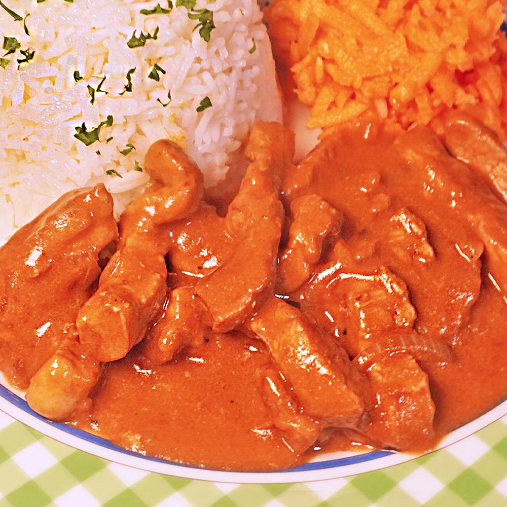 Rezept für Schweinegeschnetzeltes mit Senf-Soße und Reis